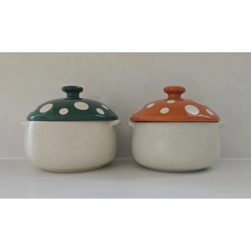 World Market Mushroom Ceramic Ramekin Set Green Orange Polka Dot Lids Set of 2